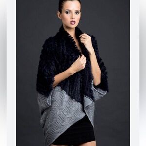 La Fiorentina Women's Knitted Cocoon w/Rex Rabbit Fur Trim Black Gray Wrap OS